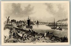 26789 W2950 Leer Ostfriesland Lithographie Emsufer Schiffsbauer Segelschiffe Windmühle