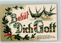 Behüt dich Gott - schwarz-gelb Schleifen - Vergissmeinnicht, Schwalben litho Schwarz-Weiß-Rot Prägedruck