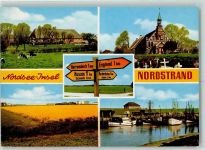 25845 W2251 Nordstrand - Hafen Reetbauernhaus Kirche Friedhof Wegweiser