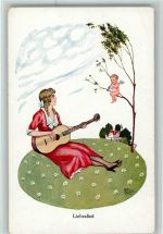 Liebeslied und Amor - Frau mit Gitarre AK Scheuermann, W.