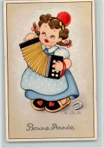 Neujahr, Bonne Annee - signiert Ziehharmonika Künstlerkarte