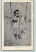 Erster Flugversuch, Kinder auf der Schaukel AK Löwe, M. 1920