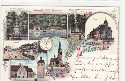 Luckenwalde Lithographie. Gruß aus Luckenwalde. Kriegerdenkmal, Elsthal, Postamt, Bahnhof, St. Jacobi-Kirche St. Johanniskirche Postalisch befördert mit Marke 1901. Top Erhaltung.