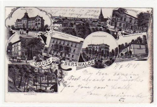 Eberswalde Gruß aus Eberswalde. Aug.Vict.Heim, Schützenhaus, Gesundbrunnen, Tegelers Höh. Töchterschule und Pensionat, Forst-Akademie, Waldhof Spechthausen Wasserfall. gelaufen 1898. Leicht stockfleckig. Rechter Rand leicht oxydiert, sonst gut erhalten