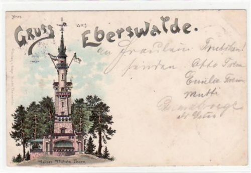 Eberswalde Lithographie. Gruß aus Eberswalde mit dem Kaiser Wilhelm Turm. Postalisch befördert mit Marke 1898. Die Karte ist leicht fleckig, sonst gut erhalten.