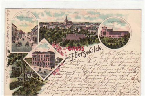 Eberswalde Lithographie. Gruß aus Eberswalde. Abgebildet ist die Breite Straße, die Totalansicht mit der Kirche, das Kloster Chorin, die Forst-Akademie und der Wasserfall. Postalisch befördert mit Marke 1905. Sehr gut erhalten.