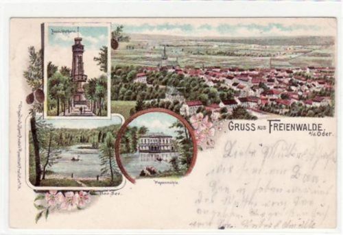 Bad Freienwalde Lithographie. Gruß aus Freienwalde a.d. Oder. Abgebildet ist die Totalansicht , der Aussichtsturm, der Baa-See und die Papenmühle. Postalisch befördert mit Marke 1899. Kleiner Knick an der oberen Kante, sonst gut erhalten.