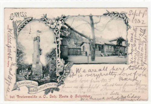Bad Freienwalde Lithographie. Gruß aus Freienwalde a.O.. Abgebildet ist das Schweizerhaus und der Bismarckturm. Postalisch befördert mit Marke 1902. Gute Erhaltung.