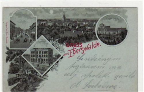 Eberswalde Mondscheinlithographie. Gruß aus Eberswalde. Abgebildet ist die Totalansicht, die Breite Straße, das Kloster Chorin, die Forst Akademie und der Wasserfall. Postalisch befördert mit Marke 1904. Sehr gut erhalten.