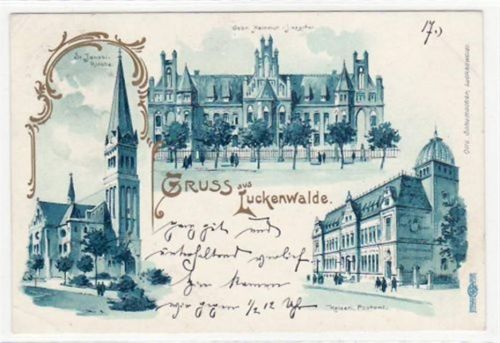 Luckenwalde Lithographie. Gruß aus Luckenwalde. St. Jacobi-Kirche, Gebr. Heinrich Hospital Kaiserliche Postamt. gelaufen 1901. Kleiner Knick an der oberen linken und an der unteren linken Ecke, sonst gut erhalten.