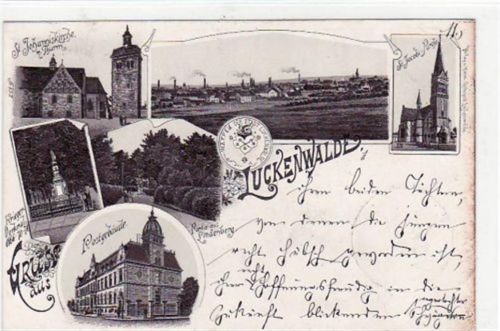 Luckenwalde Lithographie von Luckenwalde. St. Johanniskirche St. Jacobi-Kirche, das Kriegerdenkmal, Postgebäude. Postalisch befördert mit Marke 1901. Gute Erhaltung.
