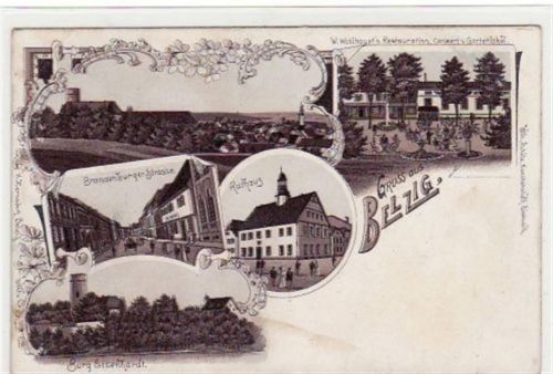 Belzig Gruß aus Belzig i.d. Mark. Abgebildet ist die Totalansicht, W.Wohlhaupt`s Restauration - Conzert und Gartenlokal, die Brandenburgerstraße, das Rathaus und die Burg Eisenhardt. Postalisch nicht befördert. Gute Erhaltung.