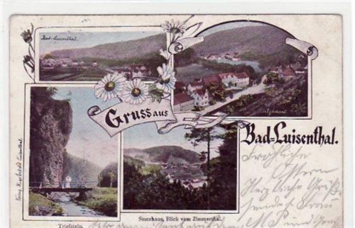 Gruß aus Bad Luisenthal. Totalansicht, Stutzhaus Triefstein und Stutzhaus - Blick vom Zimmerthal gelaufen 1904 Eckbug oben links leicht fleckig, sonst gut erhalten.
