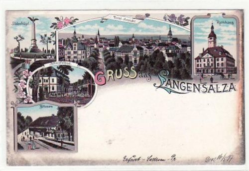 Gruß aus Langensalza. Südenhügel Totalansicht Rathaus Schwefelbad und Böhmen ungelaufen Oxydationsspuren an den Rändern, sonst gut erhalten.