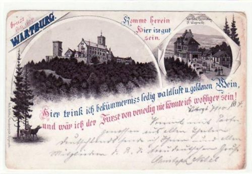 Wartburg Gruß von der Wartburg bei Eisenach. 2 verschiedene Ansichten der Wartburg gelaufen 1894 Eckbug unten links, und obere linke Ecke Oxydationsspuren rechter Rand, sonst gut erhalten.