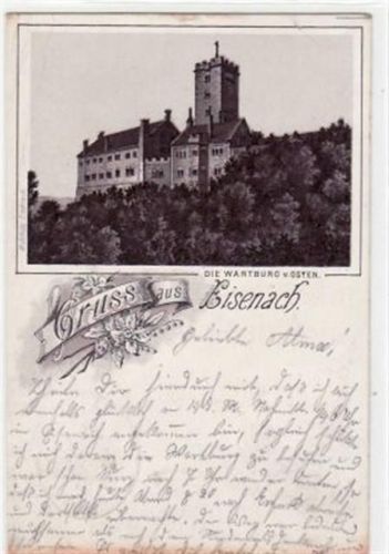 Wartburg Lithographie. Gruß aus Eisenach i. Thür. Wartburg von Osten gelaufen als Bahnpost mit Marke und Stempel 1891. Oxydationsspuren am unteren Rand Eckbug oben links und an der oberen rechten Ecke , sonst gut erhalten.