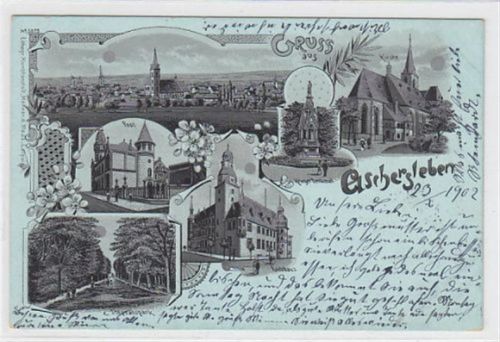 Aschersleben Mondschein Lithographie. Gruss aus Aschersleben. Totalansicht Post Kirche Krieger Denkmal Rathhaus Stephanspark gelaufen 1902. Gute Erhaltung.