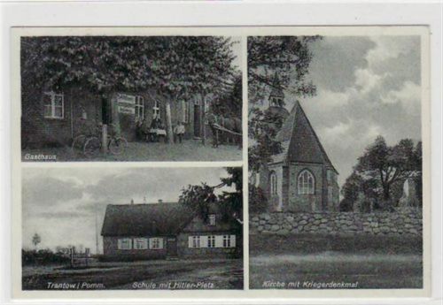 Trantow / Pomm. mit Gastahus K. Klinkenberg, Schule mit Hitler-Platz und Kirche mit Kriegerdenkmal. Postalisch gelaufen mit Poststempel 24.9.1934. Gute Erhaltung. WK II
