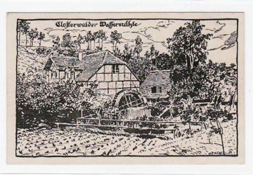Künstlerkarte von der Klosterwalder Wassermühle. Postalisch gelaufen mit Poststempel 24.7.1928. Leichte Knickstelle unten rechts, sonst gut erhalten.