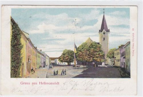 AK von Hellmonsödt. Partie an der Kirche gelaufen am 23.08.1905. Leichter Bug oben links, leichte Stempelspuren, leicht stockfleckig, sonst gut erhalten. PLZ 4202.