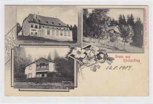 Kirchschlag bei Linz. Badhaus Villa Christ Villa Geier gelaufen am 14.08.1907. Leicht stockfleckig, sonst gut erhalten. PLZ 4202.
