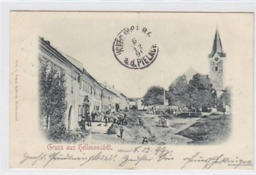AK von Hellmonsödt. Marktplatz Kirche gelaufen am 06.12.1899. Leichte Stempelspuren, leicht fleckig, Albumabdrücke an den Ecken sonst gut erhalten. PLZ 4202.