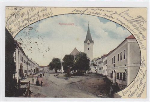 AK von Hellmonsödt. Partie an der Kirche gelaufen am 04.09.1910. Leichte Stempelspuren, sonst gut erhalten.