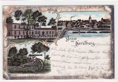 Havelberg Lithographie Gruss aus Havelberg mit Schützenhaus im Mühlenholz, Kanone und Panorama von Havelberg gelaufen 1900. Oxydierung an den Rändern, sonst gut erhalten.