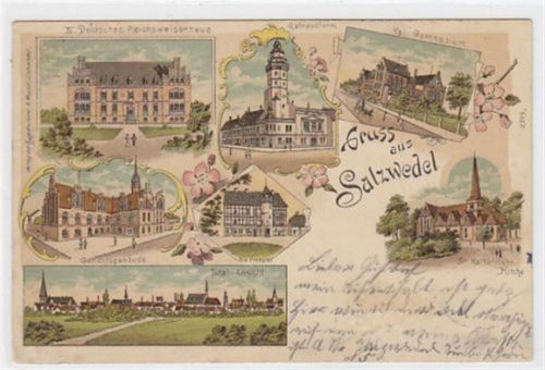 Lithographie Gruss aus Salzwedel mit Total-Ansicht, IV. Deutsches Reichswaisenhaus, Rathausturm, kgl. Gymnasium, St. Katharinen-Kirche, Gerichtsgebäude und Probstei gelaufen 1899. Vorder- und Rückseite fleckig. Leichte Abschürfung Vorderseite.