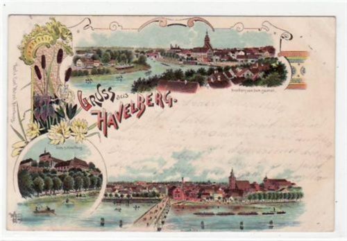 Havelberg Lithographie Gruss aus Havelberg. Havelberg vom Dom aus gesehen, Havelberg von der Havel aus gesehen Dom zu Havelberg gelaufen 1901. Vorder- und Rückseite leicht stockfleckig, sonst gut erhalten.