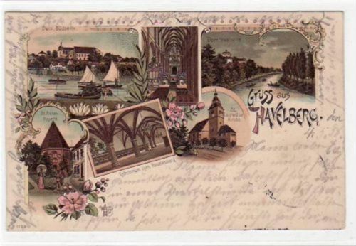 Havelberg Lithographie Gruss aus Havelberg mit St. Laurentiuskirche, Dom-Westseite, Dom-Südseite, Mittelschiff vom Dom, Paradiessaal und St.Annen-Kapelle, gelaufen 1898. Leicht fleckig, Leichter Stempeldurchdruck.