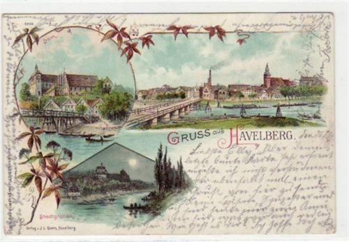 Havelberg Lithographie Gruss aus Havelberg mit Stadtgraben, Dom und Totalansicht. Befördert mit Marke und Bahnpoststempel Glöwen-Havelberg / Zug 151 am 26.07.1897. Gute Erhaltung.