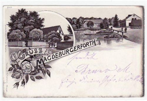 Lithographie Magdeburgerforth mit zwei verschiedenen Ansichten gelaufen und Bahnpoststempel von 1897, Zug Nr. 11. Ecken mit Albumabdrücken, kleiner Knick unten links, Oxydationsspuren rechter Rand, sonst gut erhalten.