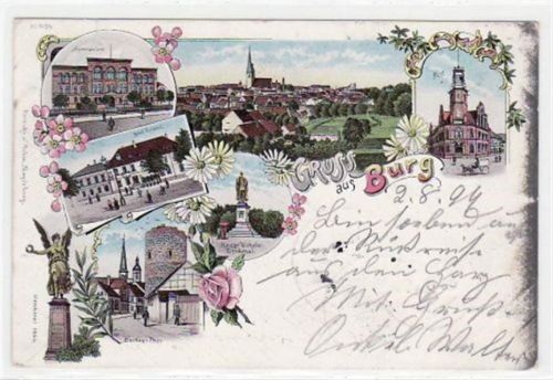 Lithographie Burg bei Magdeburg Gymnasium, Hotel Roland, Kaisser Wilhelm - Denkmal, Post Berliner Tor gelaufen von 1899. Oxydationsspuren rechter Rand, leichter Stempeldurchdruck, kleine Beschädigung rechts unten, sonst gut erhalten.