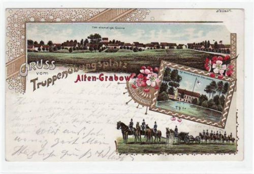 Lithographie vom Truppenübungsplatz Altengrabow mit Kgl. Kommandantur Alten - Grabow Ehemalige Gloine und berittenen Soldaten gelaufen von 1902. Gute Erhaltung.