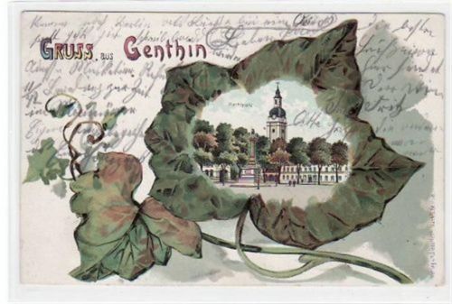 Lithographie Gruß aus Genthin. Marktplatz in einem Weinblatt gelaufen von 1905. An den Ecke n leichte Abdrücke vom Album, leicht stockfleckig, sonst gut erhalten.