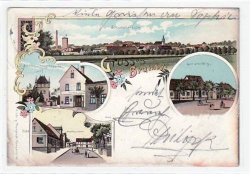 Lithographie Barby mit Schloss Dorfstraße, zum alten Fritz und Gasthof zum Adler gelaufen von 1904. Ecken mit Albumabdrücken leichte Stempelspuren, Oxydationsspuren an den Rändern, kleiner Knick unten links, sonst gut erhalten.