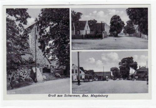 Schermen mit Chausseestraße, Breitestraße und Kirche. Karte beschrieben. Gute Erhaltung.
