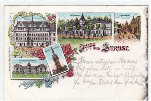 Lithographie Zerbst mit Schützenhaus, Rathaus, Stadtmauer, herzogliches Schloss und Roland - Denkmal gelaufen von 1898 kleiner Knick unten links, an der Ecke oben rechts leichter Abdruck vom Album, Oxydationsspuren rechter Rand, sonst gut erhalten.