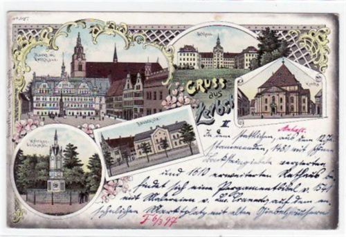 Lithographie Zerbst mit Markt, Rathaus, Schloss, Kirche, Krieger - Denkmal und Bauschule. Karte beschrieben Oxydationsspuren an den Rändern, sonst gut erhalten.