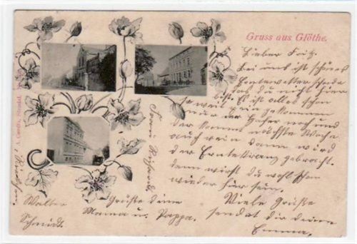 Gruß aus Glöthe mit drei verschiedenen Abbildungen gelaufen von 1899. An den Ecke n leichte Abdrücke vom Album, leichter Bug unten rechts, leicht stockfleckig, sonst gut erhalten.
