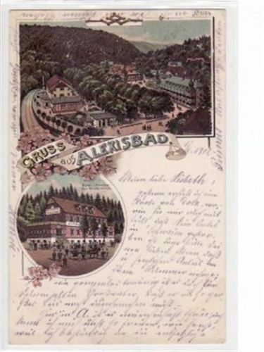 Alexisbad Lithographie Alexisbad mit Gesamtansicht und Hotel zur Klostermühle gelaufen von 1902. An den Ecke n leichte Abdrücke vom Album, sonst gut erhalten.