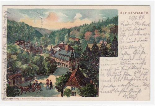 Alexisbad Lithographie Alexisbad mit Gesamtansicht gelaufen von 1899. Leichte Stempelspuren, sonst gut erhalten.
