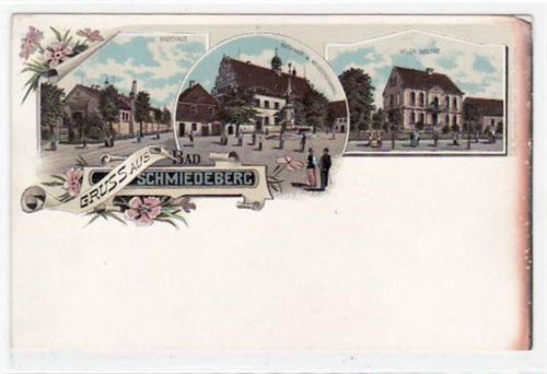 Lithographie Gruß aus Bad Schmiedeberg mit Villa Moltke, Badehaus, Rathaus und Kriegerdenkmal. ungelaufen um 1900 Oxydationsspuren rechter Rand, kleine Abschürfung an den Ecke n oben, sonst gut erhalten.