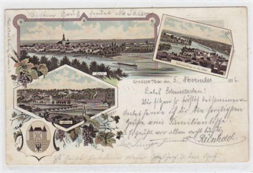 Crossen a.d. Oder Lithographie Crossen / Krosno Odrzanskie mit Totalansicht, Bobereinfluss in die Oder, Berg und Wappen gelaufen 1896. Vorder- und Rückseite leicht fleckig, sonst gut erhalten.