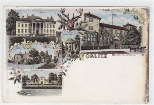 Wörlitz Lithographie Gruss aus Wörlitz mit Hotel Eichenkranz, Schloß, Stein und Gothisches Haus ungelaufen Die Ak weist Oxydationsspuren kleinen Knick an der linken oberen Ecke auf.