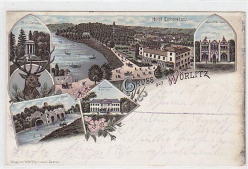 Wörlitz Lithographie Gruss aus Wörlitz mit gothischem Haus, Venus Tempel Stein herzöglichem Schloß und Hoel Eichenkranz gelaufen von 1897. Die Ak weist Oxydationsspuren auf. Sonst gut erhalten.