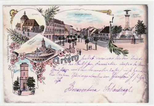 Lithographie Gruß aus Artern Leipziger Strasse, Kirche, Kriegerdenkmal, Kyffhäuserdenkmal Weinberg - Thurm gelaufen von 1898 leicht beschnitten, Oxydationsspuren an den Rändern, kleine Abschürfung oben Mitte, sonst gut erhalten