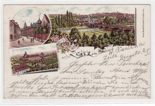 Zeitz Lithographie Gruß aus Zeitz mit Gesamtansicht, Post und Schloss Moritzburg gelaufen und Bahnpoststempel von 1898. Gute Erhaltung.