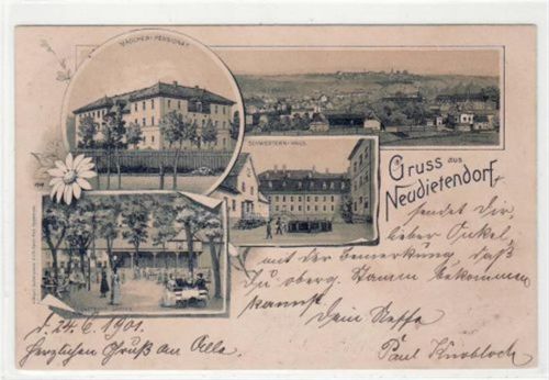 Lithographie Gruss aus Neudietendorf mit Mädchen-Pensionat, Schwestern-Haus, Gasthofs Garten und Gesamtansicht gelaufen 1901. Ecken mit Albumabdrücken. Leichter Stempeldurchdruck, sonst gut erhalten.